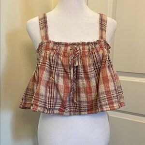 American Eagle Outfitters Pink and Tan Plaid Crop Top Juniors M